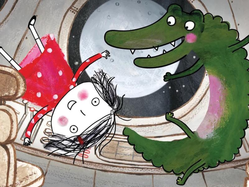 Pige og krokodille der triller rundt